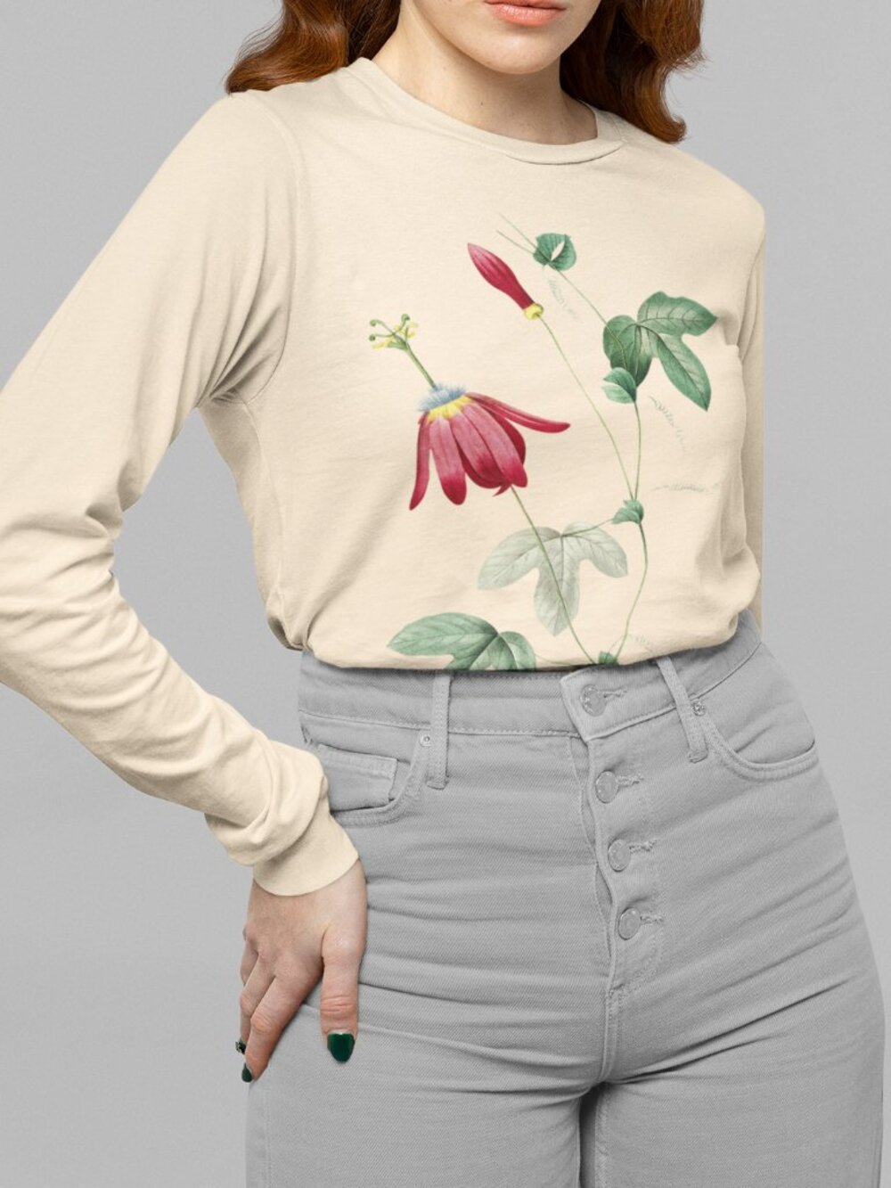 Maypop Vintage Floral Print Long Sleeve Graphic Tee T-shirt S-XXL